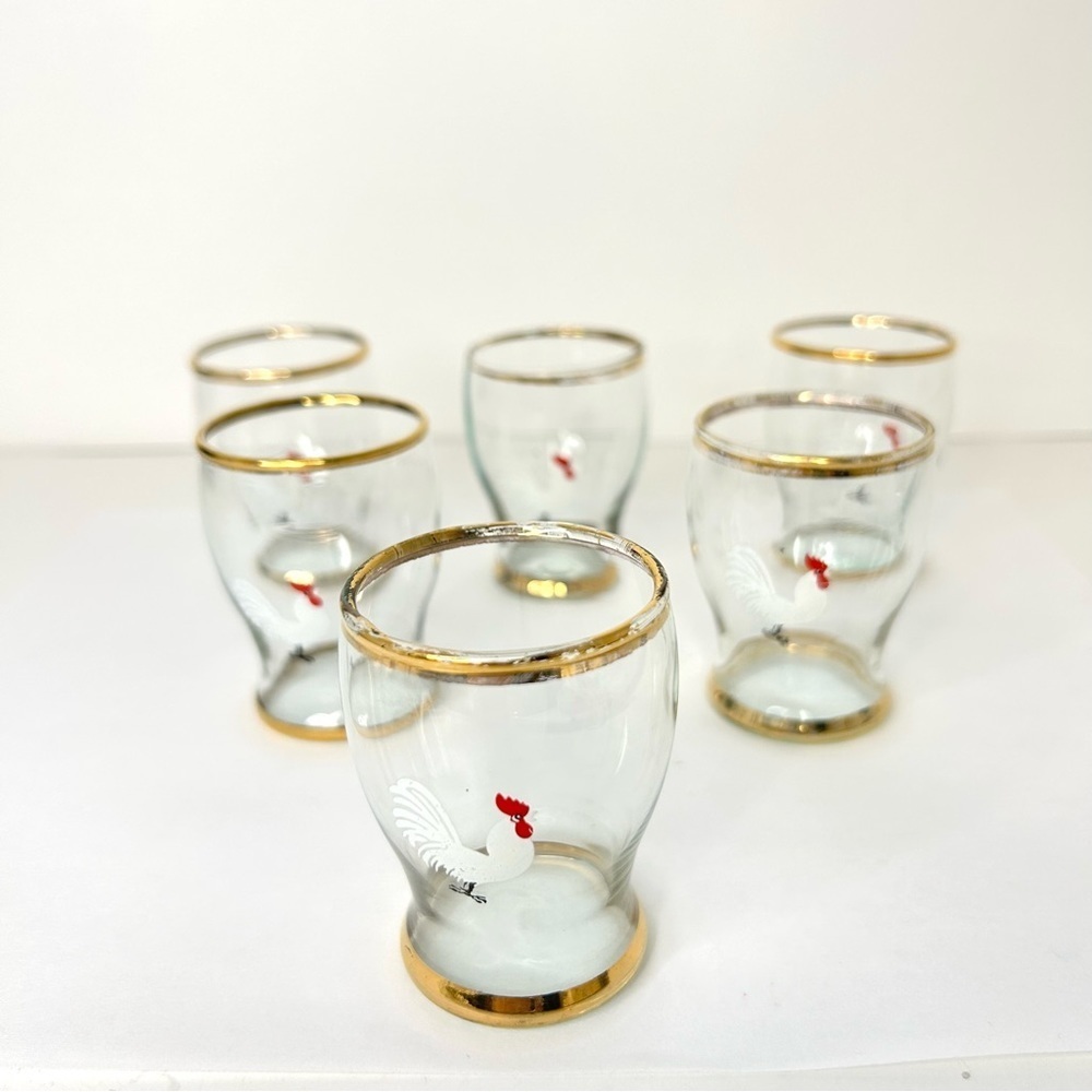 Vintage Enamelled Rooster Cordial Shot Glasses Gold Banding Barware Set of Six